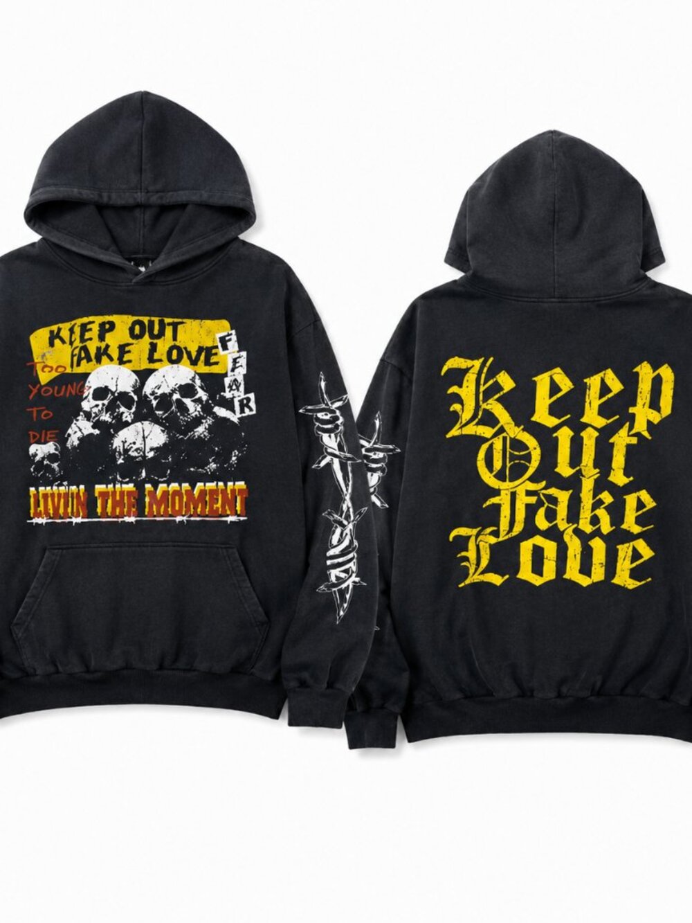 Keep‎ Out Fake Love Hoodie Skull Barbed Wire Y2K Goth Streetwear XXL